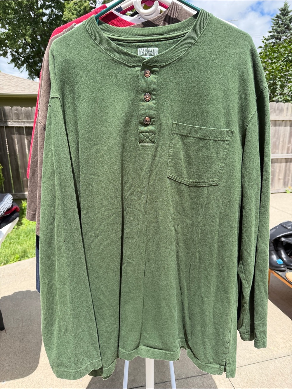 Duluth Trading Co Olive Green Long-Sleeve Henley with Chest Pocket